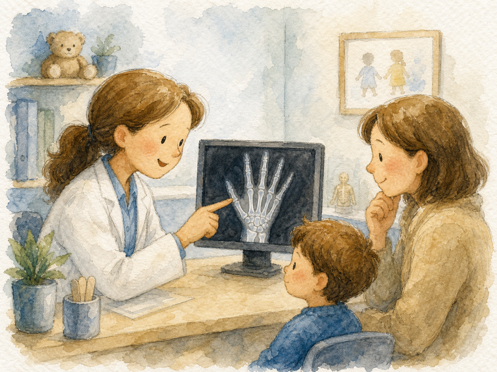 의료진이 보호자에게 손 X-ray 골연령 검사를 설명하는 모습