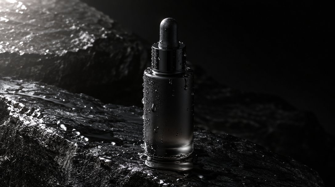 Matte black serum bottle product shot, made with GPT Image 2.5
