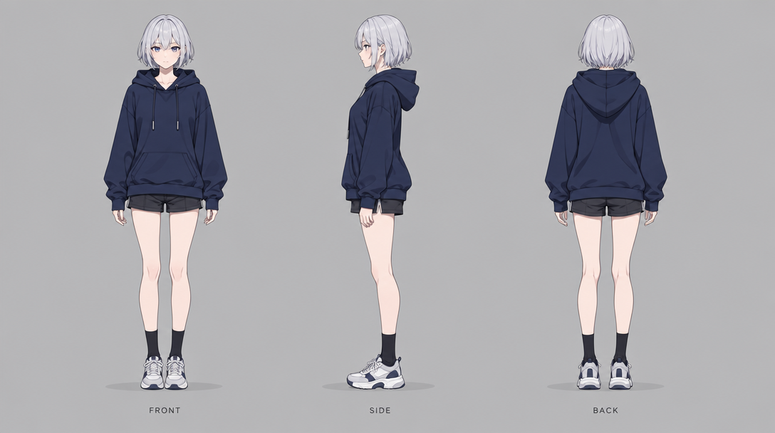 Front, side and back character sheet of a silver-haired hooded character, made with GPT Image 2.5