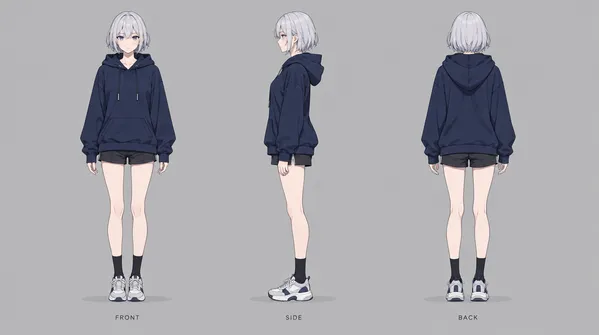 Front, side and back character sheet of a silver-haired hooded character, made with GPT Image 2.5