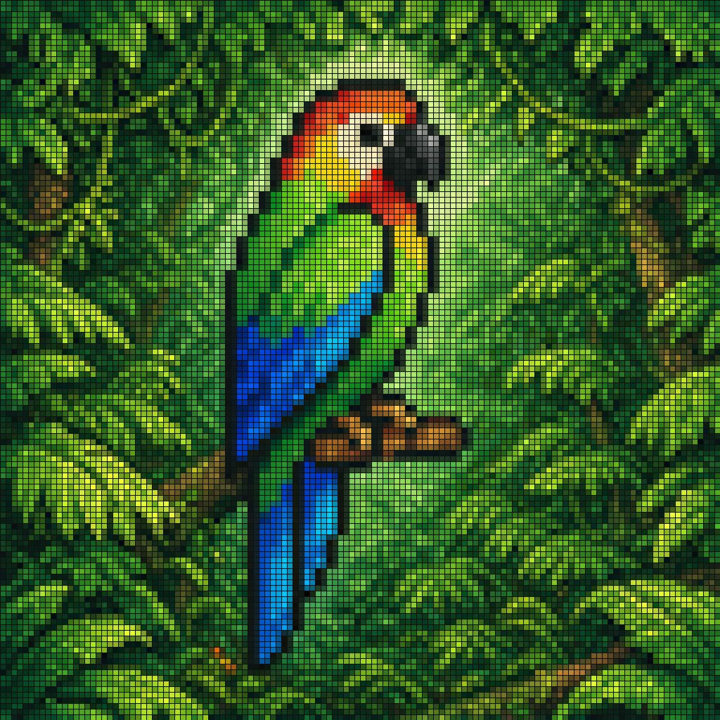 AI-generated Vibrant Pixel-art Style Mosaic of a Tropical Parrot Perched on a Small Brown Branch in made with GPT Image 2