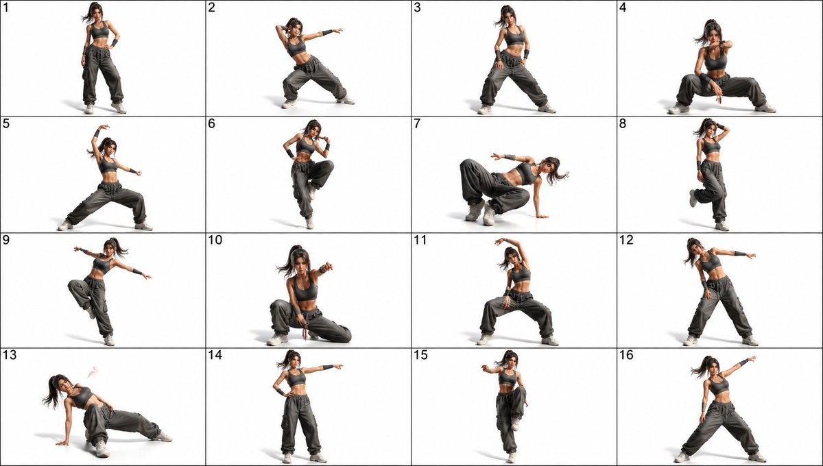 AI-generated 16-Panel Female Dance Pose Sheet made with GPT Image 2
