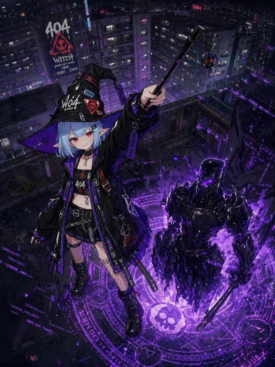 AI-generated Dramatic Anime-style Cyberpunk Witch Standing on a Dark Rooftop High Above a Dense made with GPT Image 2