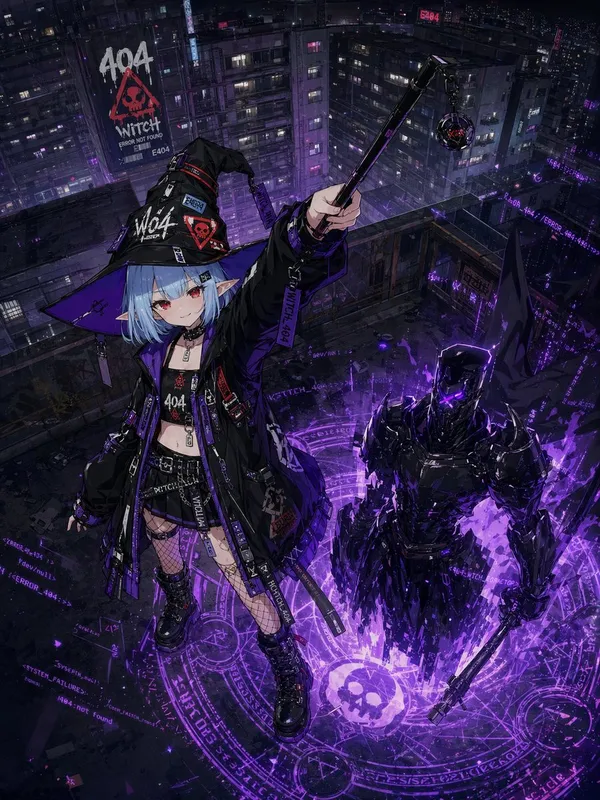 AI-generated Dramatic Anime-style Cyberpunk Witch Standing on a Dark Rooftop High Above a Dense made with GPT Image 2