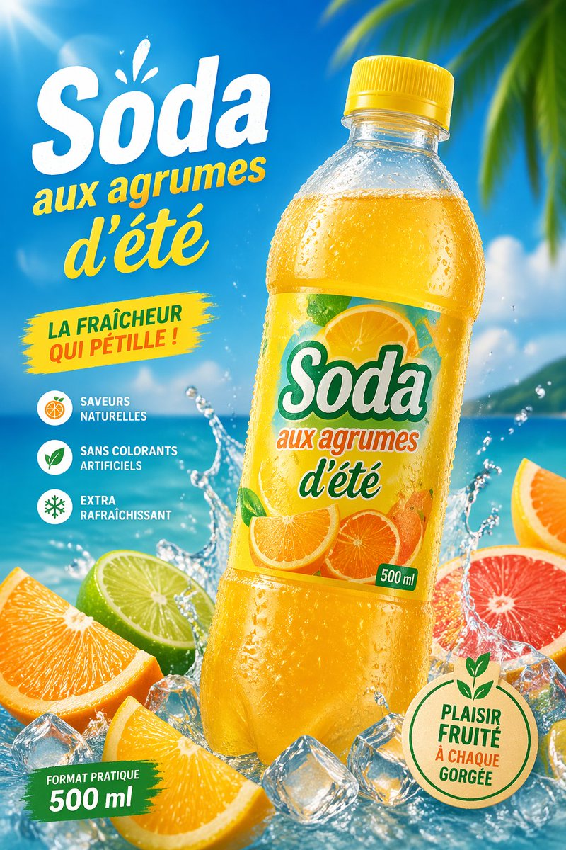 AI-generated Vibrant Tropical Commercial Poster for a Citrus Soda Bottle made with GPT Image 2