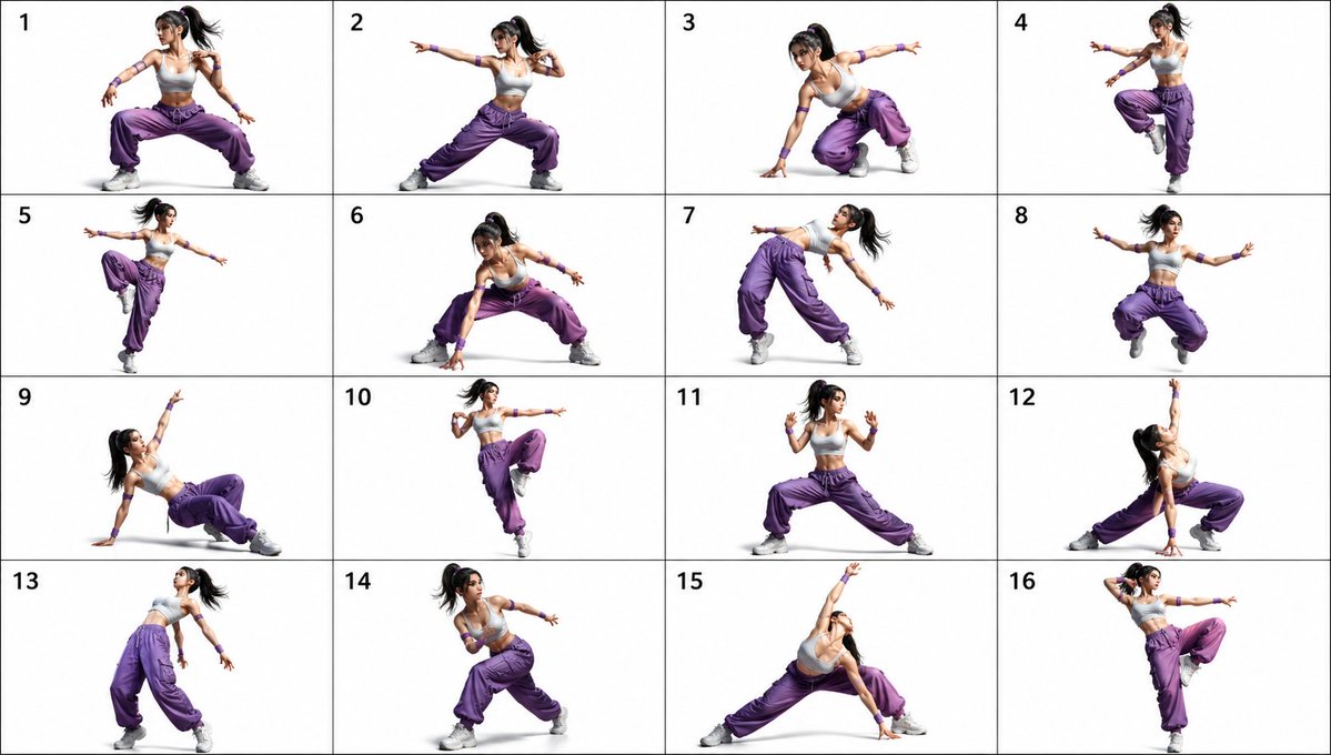 AI-generated 16-Pose Dance Fighting Reference Sheet made with GPT Image 2