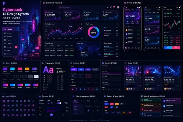 AI-generated UI Design System in Futuristic Cyberpunk City Style made with GPT Image 2