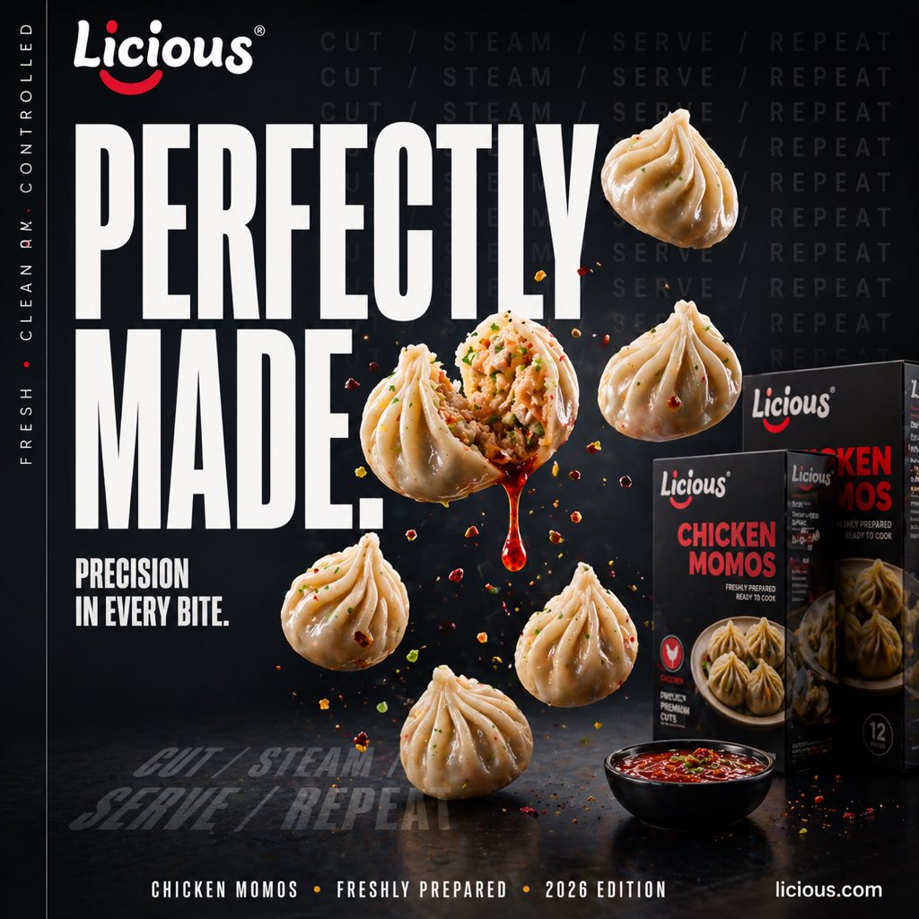 AI-generated Hyper-realistic Cinematic Street-food Advertisement Poster for Licious Frozen Chicken made with GPT Image 2