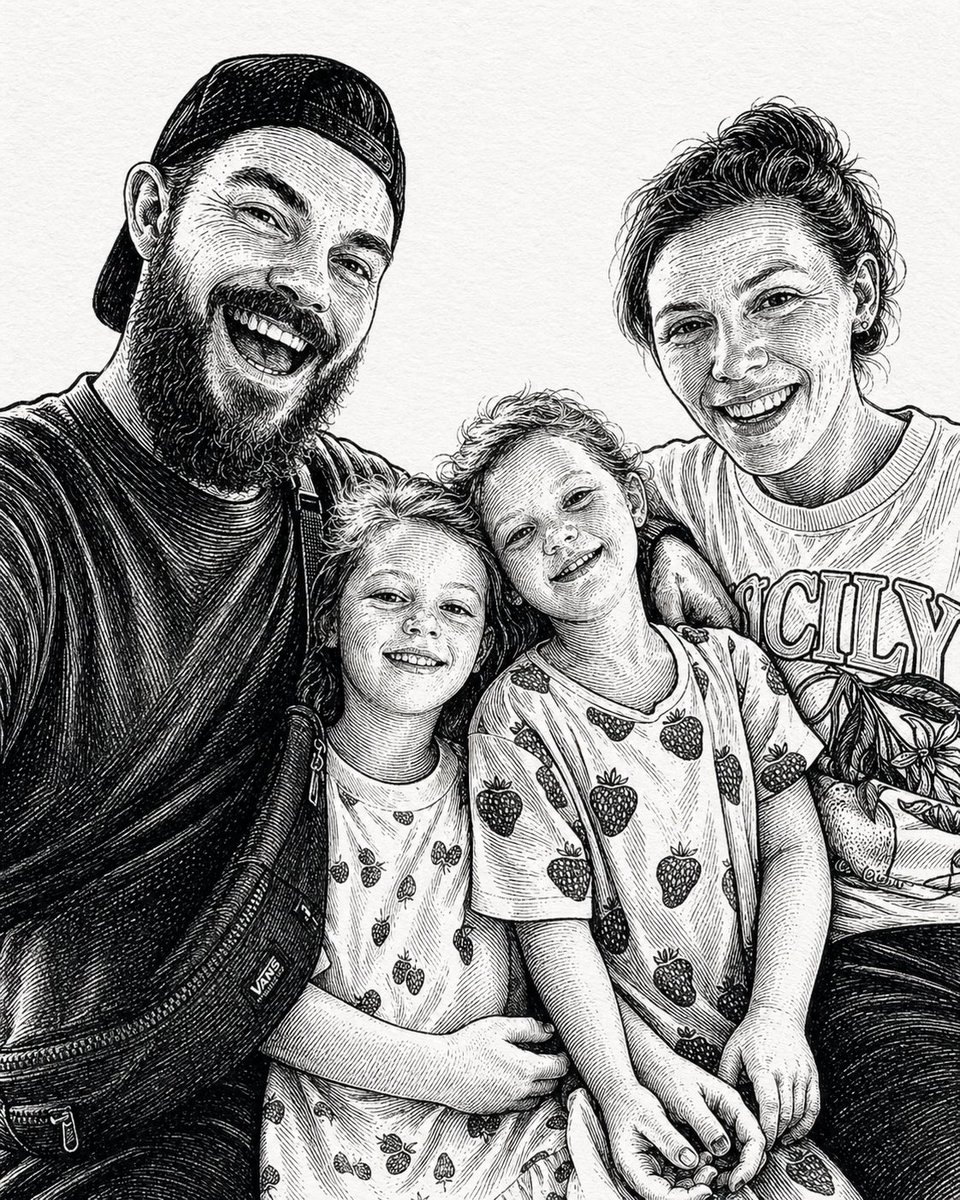 AI-generated Ink-Etching Style Family Photo made with GPT Image 2