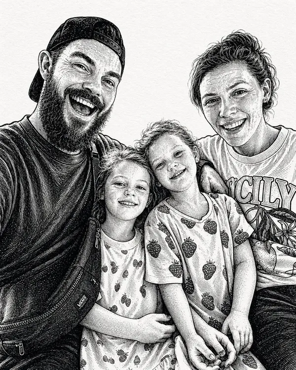 AI-generated Ink-Etching Style Family Photo made with GPT Image 2