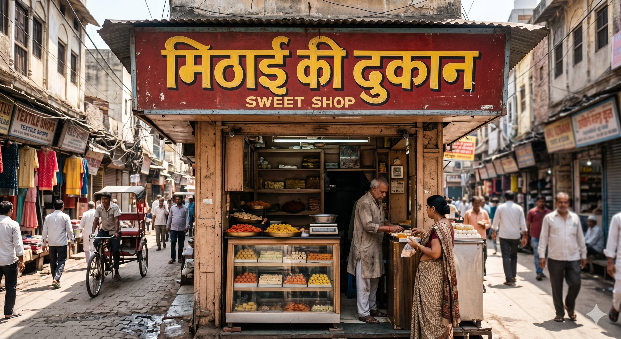 AI-generated Photorealistic Travel-documentary Image of a Small Sweet-shop Storefront in Old Delhi at made with GPT Image 2