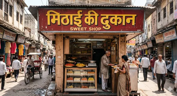 AI-generated Photorealistic Travel-documentary Image of a Small Sweet-shop Storefront in Old Delhi at made with GPT Image 2
