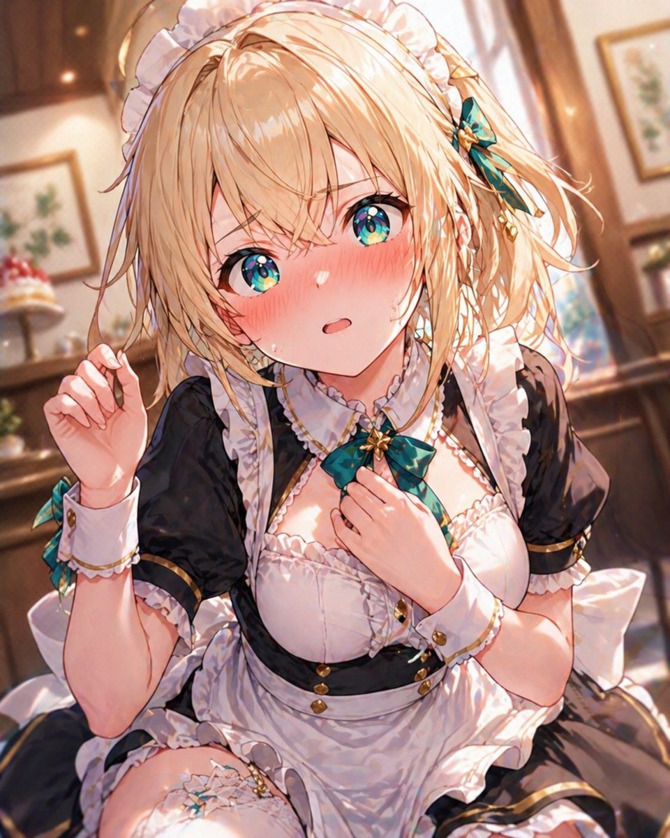 AI-generated Polished Anime-style Portrait of a BLonde Female VTuber-inspired Maid Seated Indoors in a made with GPT Image 2