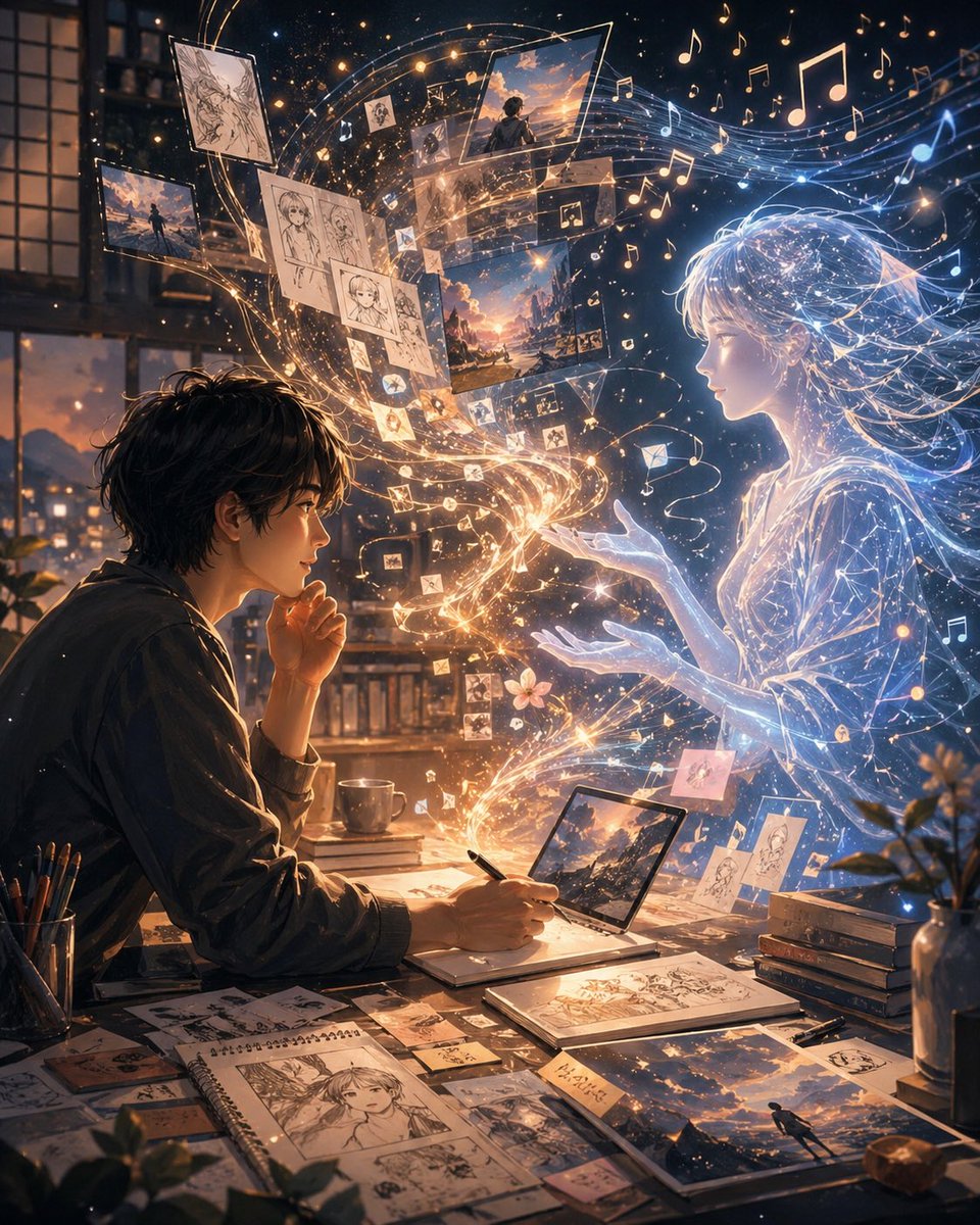 AI-generated Cinematic Anime-inspired Digital Illustration Set at Night Inside a Cozy Artist's Room made with GPT Image 2