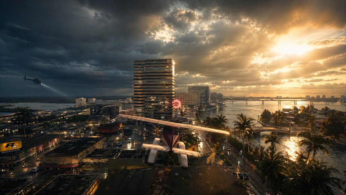 AI-generated Cinematic Wide Aerial View of a Tropical Coastal City at Sunset During a Violent Storm made with GPT Image 2