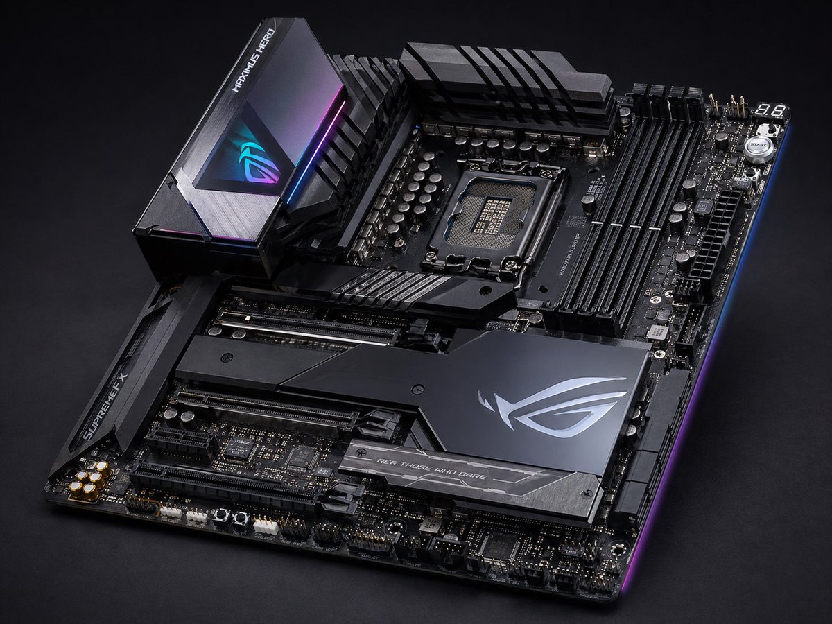 AI-generated High-end Enthusiast ATX Gaming Motherboard Product Photo on a Dark Studio Background made with GPT Image 2