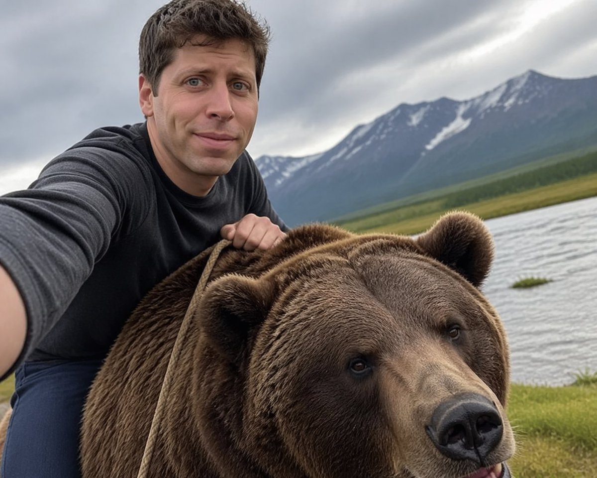 AI-generated Image: Selfie of Sam Altman Riding a Bear made with GPT Image 2