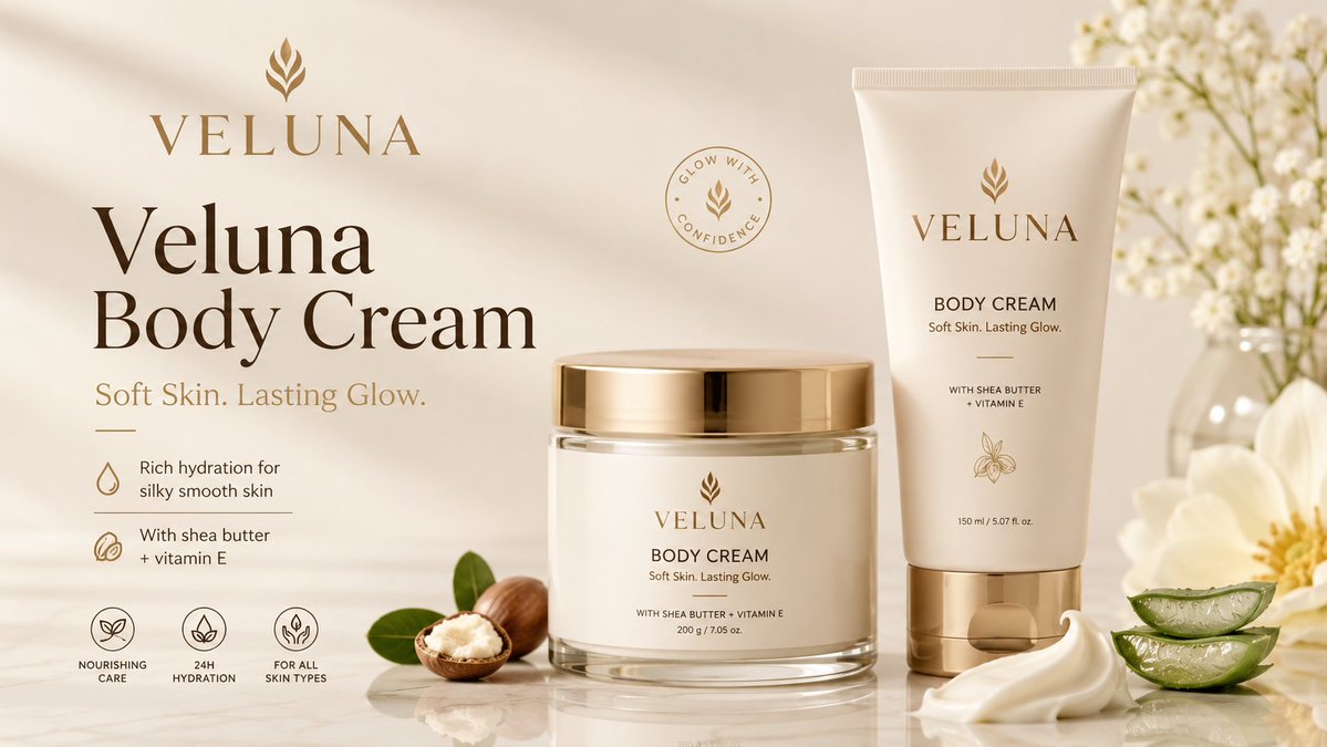 A premium body cream ad banner featuring a jar, squeeze tube, shea butter, aloe, and soft luxury skincare styling.