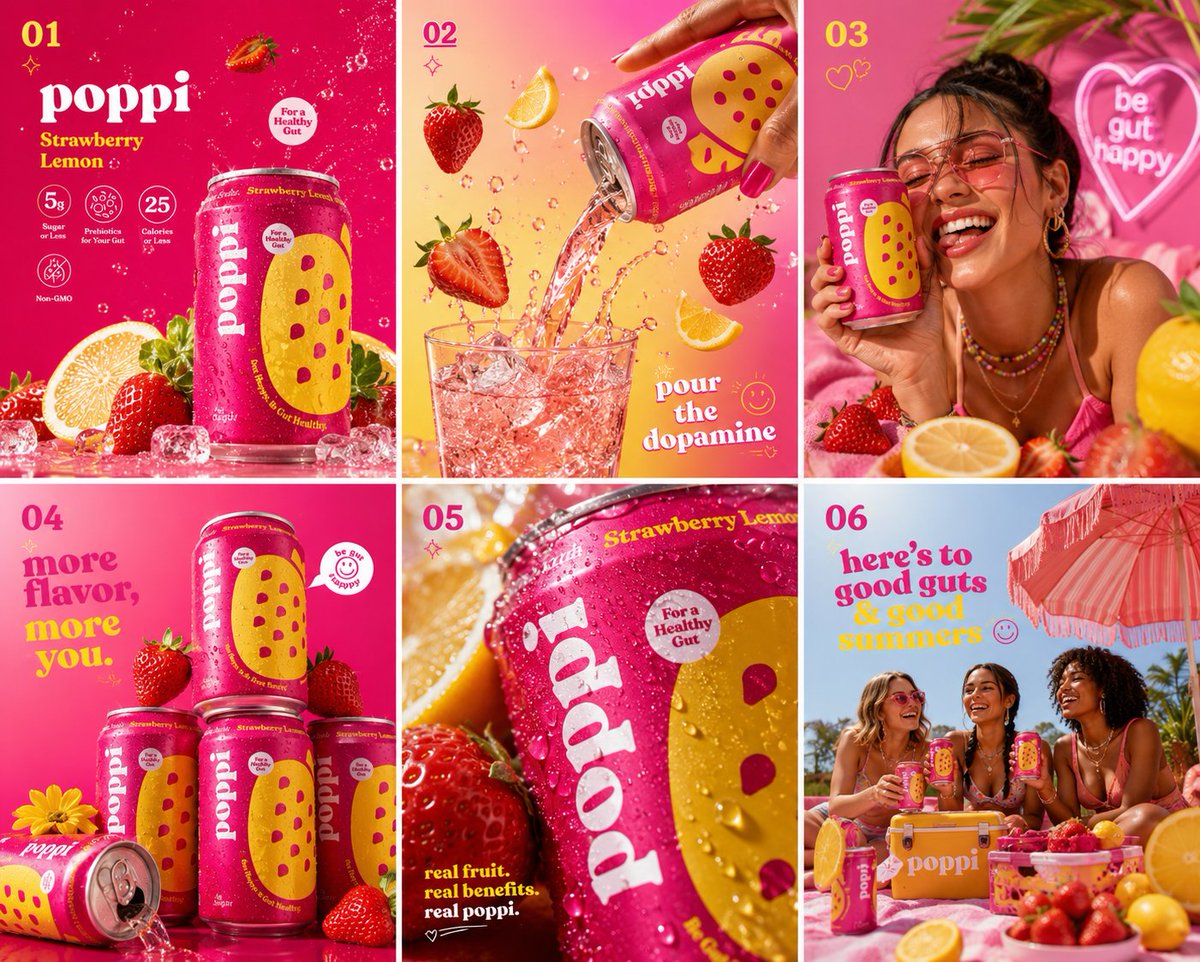 A vibrant Poppi Strawberry Lemon soda hero shot with strawberries, lemons, condensation, and a hot pink commercial backdrop.