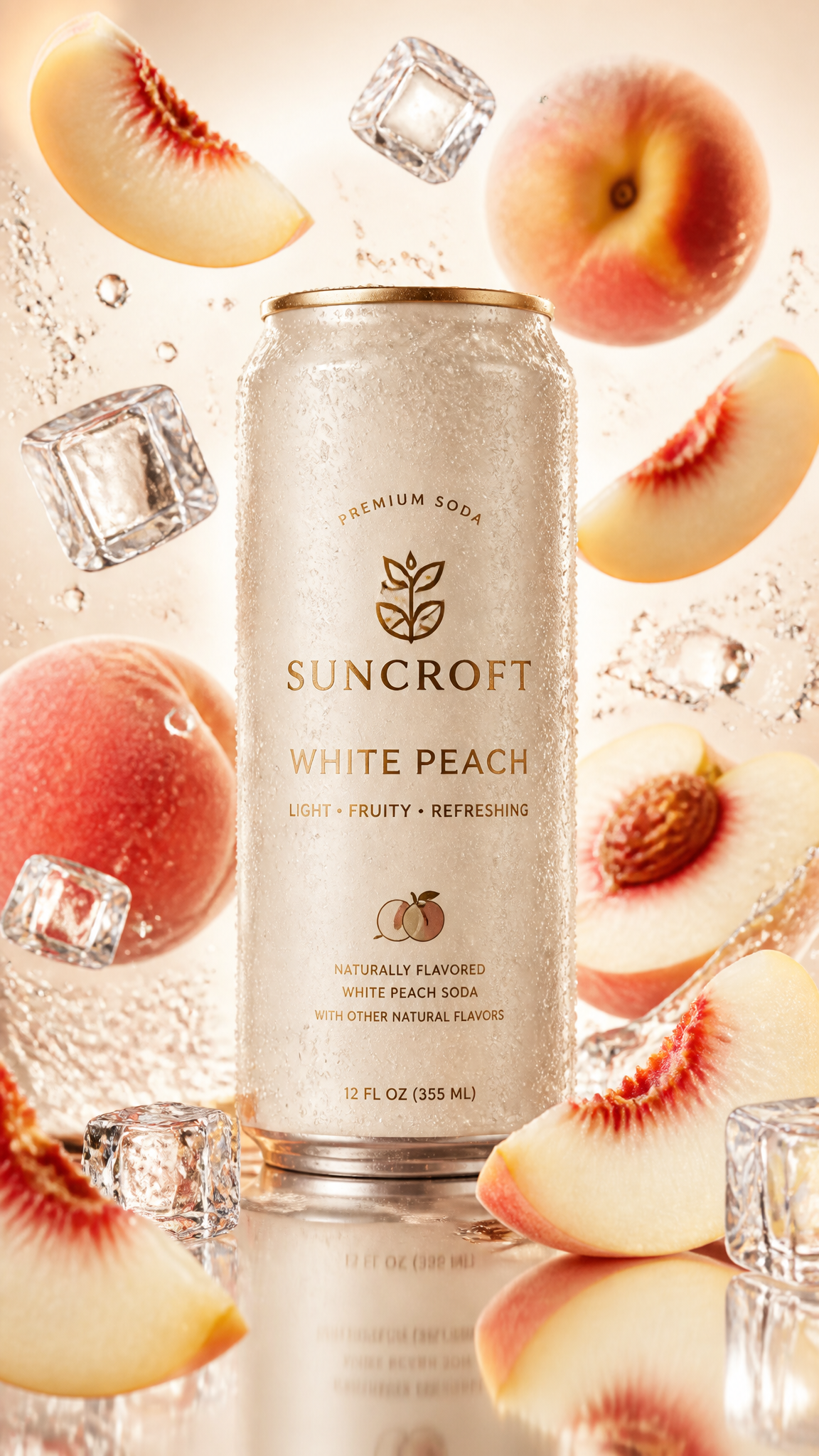 A luxury beverage advertising poster with a matte cream soda can surrounded by floating white peach slices and ice cubes.