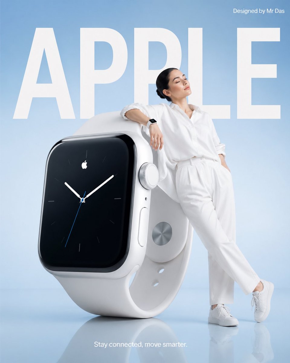 A minimalist commercial ad featuring an oversized white smartwatch, a woman leaning against it, and large Apple typography.
