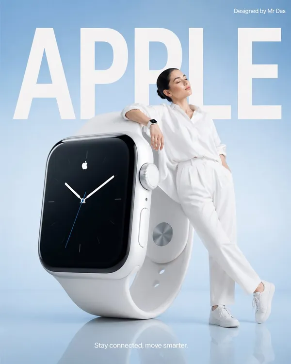 A minimalist commercial ad featuring an oversized white smartwatch, a woman leaning against it, and large Apple typography.
