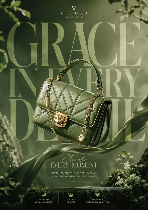 A green-toned luxury handbag advertisement with a floating bag and oversized merged background typography.