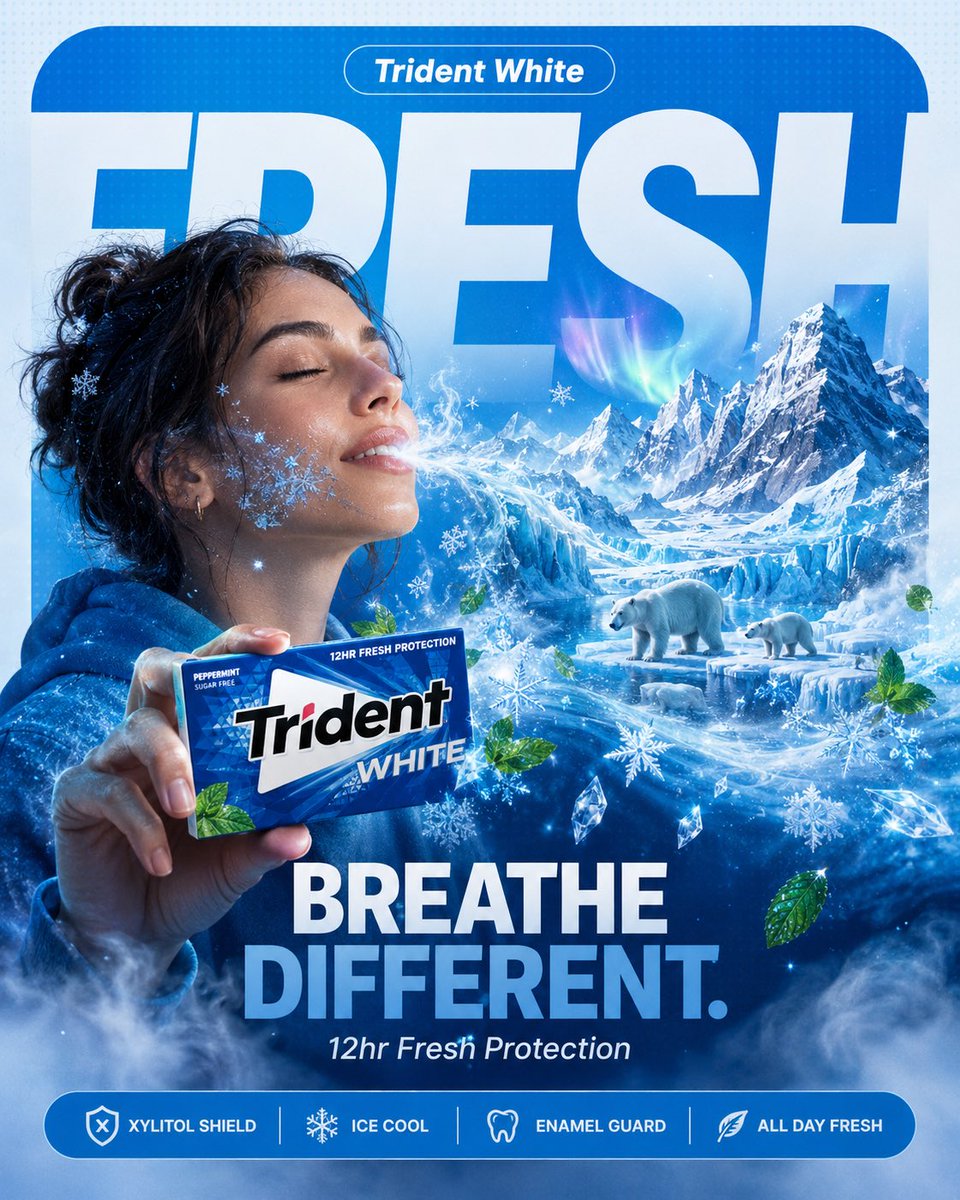 A surreal Trident mint gum poster where a woman’s breath transforms into an arctic world of ice crystals and polar scenery.