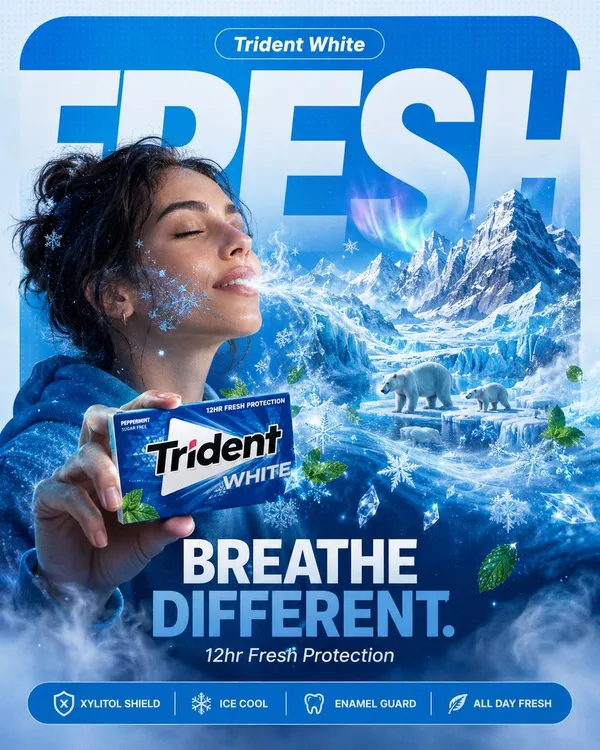 A surreal Trident mint gum poster where a woman’s breath transforms into an arctic world of ice crystals and polar scenery.