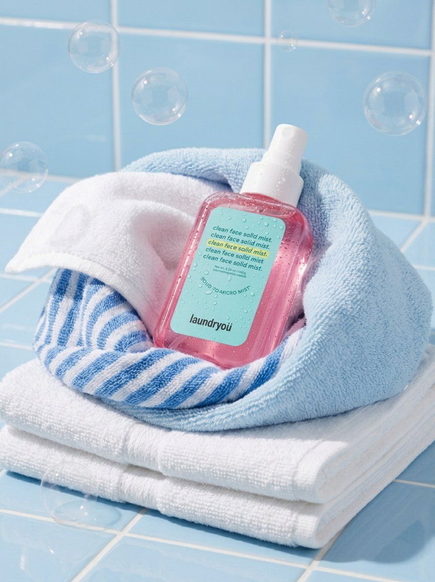 A clean commercial product photo of a translucent pink facial mist bottle on blue tiles and towels with bubbles.