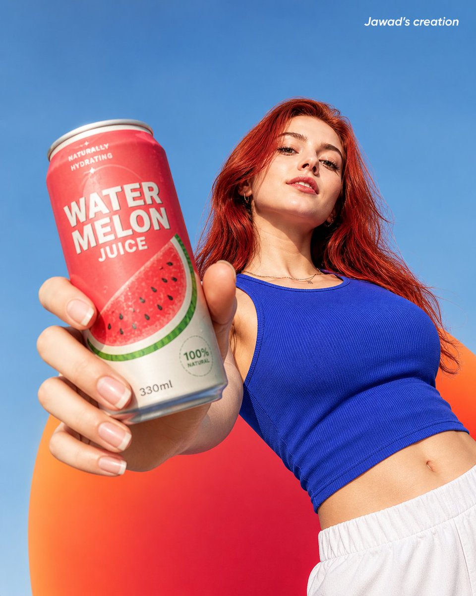 A low-angle forced-perspective beverage ad showing a red-haired woman holding a watermelon juice can close to the camera.