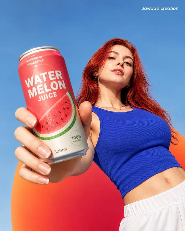 A low-angle forced-perspective beverage ad showing a red-haired woman holding a watermelon juice can close to the camera.
