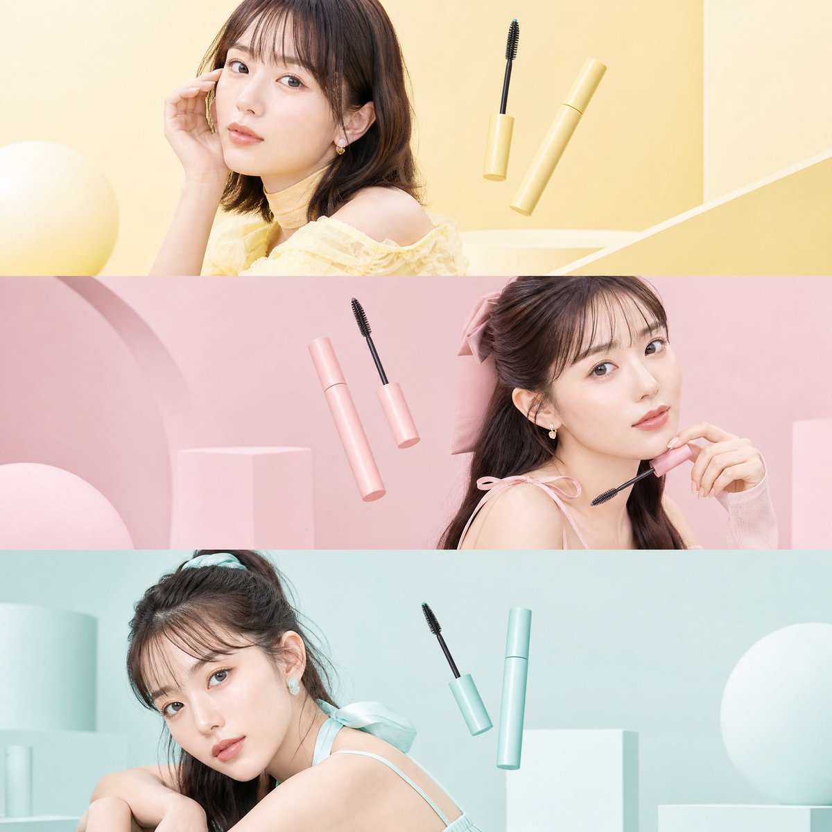 A premium Japanese beauty editorial collage stacking three fashionable women across pastel color-block scenes.
