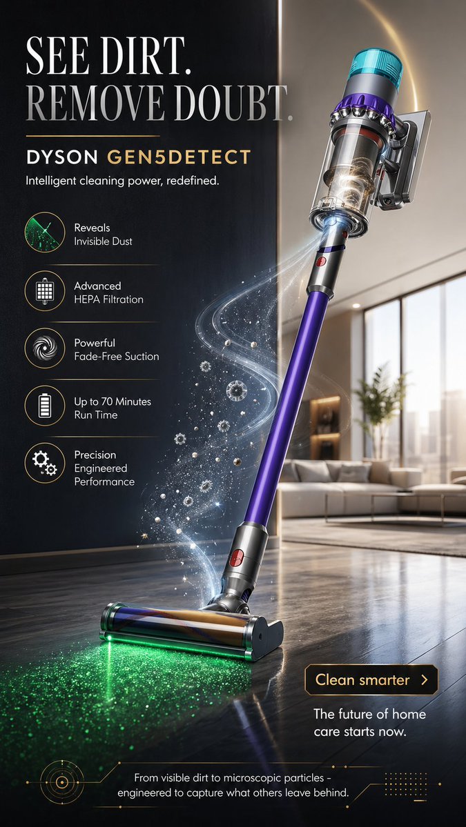 A premium futuristic advertising poster presenting the Dyson Gen5Detect vacuum as a heroic product inside a luxury interior.