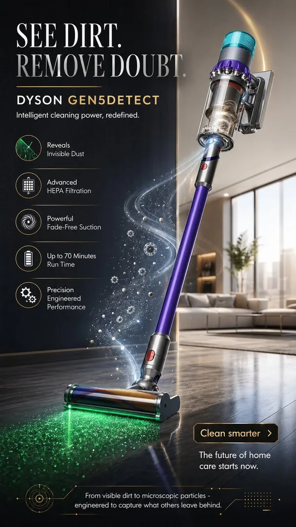 A premium futuristic advertising poster presenting the Dyson Gen5Detect vacuum as a heroic product inside a luxury interior.