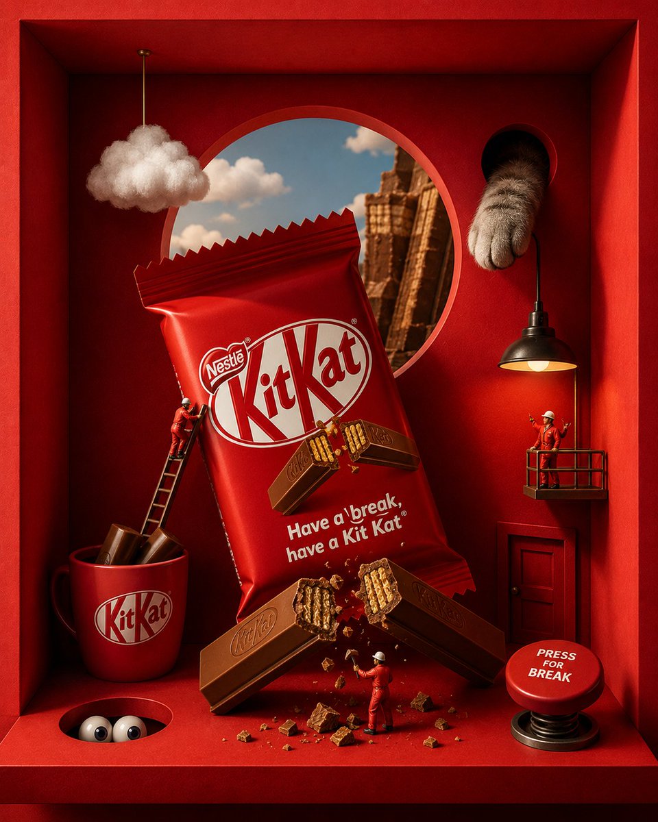 A luxury surreal boxed-diorama product ad concept for famous snack and candy brands using miniature cinematic worlds.
