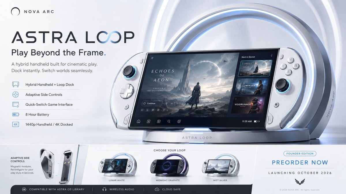 A believable premium launch advertisement for an imaginary next-gen handheld gaming device called ASTRA LOOP.
