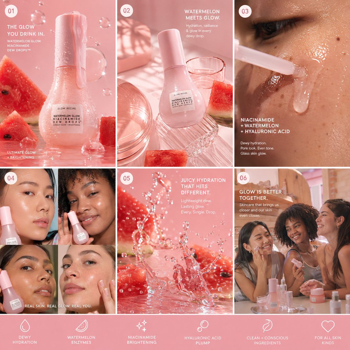 An ultra-premium beauty campaign for Glow Recipe Watermelon Glow Niacinamide Dew Drops with dreamy hydration aesthetics.