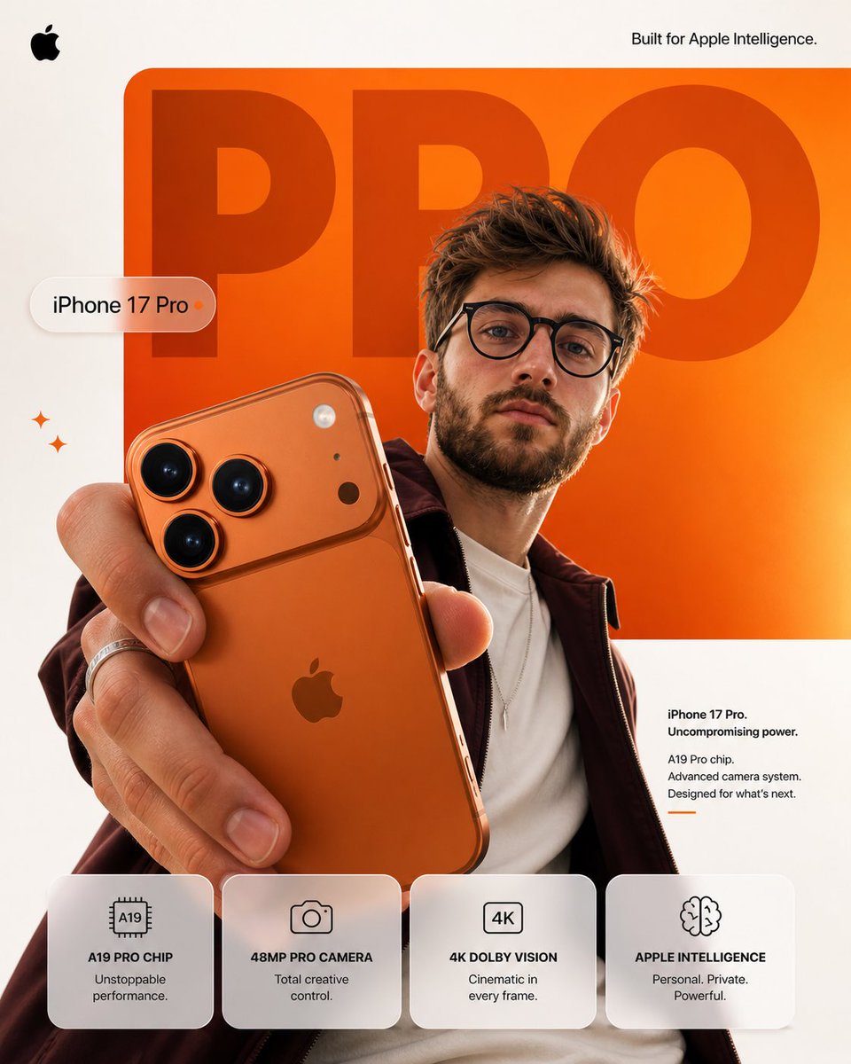 미니멀 화이트 스튜디오와 오렌지 그라디언트 패널을 활용한 Apple 스타일 스마트폰 광고 포스터