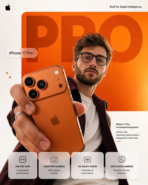 A premium Apple-style smartphone advertising poster with a minimal white studio setup and orange gradient panel.
