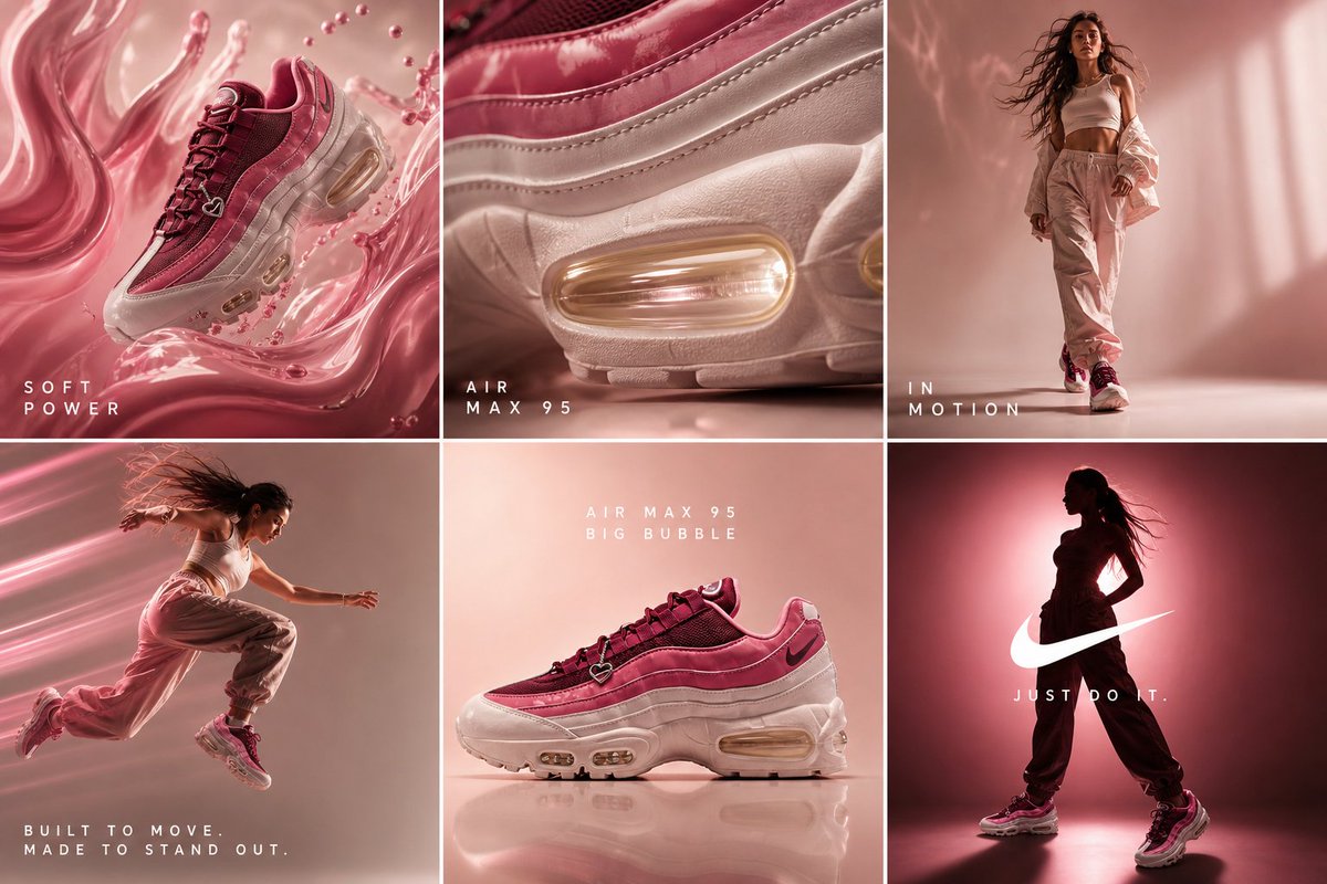 A six-frame luxury editorial campaign grid for Nike Air Max 95 in deep berry pink and glossy rose tones.