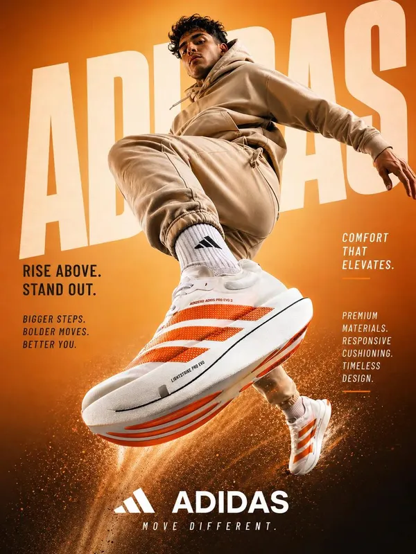 A dynamic low-angle sportswear advertisement emphasizing oversized foreground sneakers as an athletic male model jumps toward the camera.