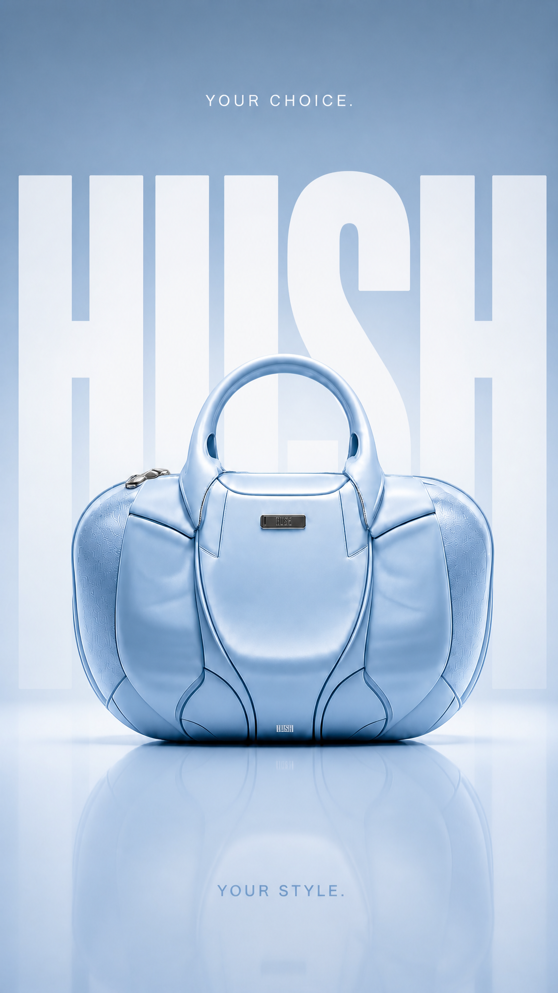 A premium baby blue handbag centered in front of oversized HUSH typography in a minimal luxury product advertisement.