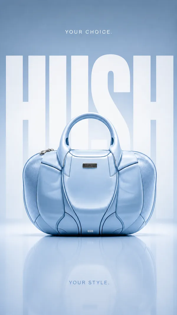 A premium baby blue handbag centered in front of oversized HUSH typography in a minimal luxury product advertisement.