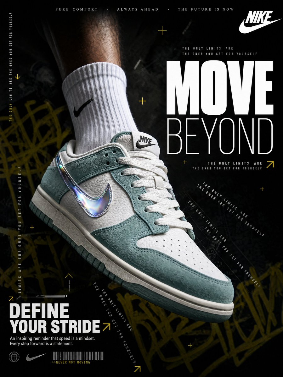 A hyperrealistic Nike sneaker advertisement with a suspended leg, white crew socks, and a dark moody editorial background.