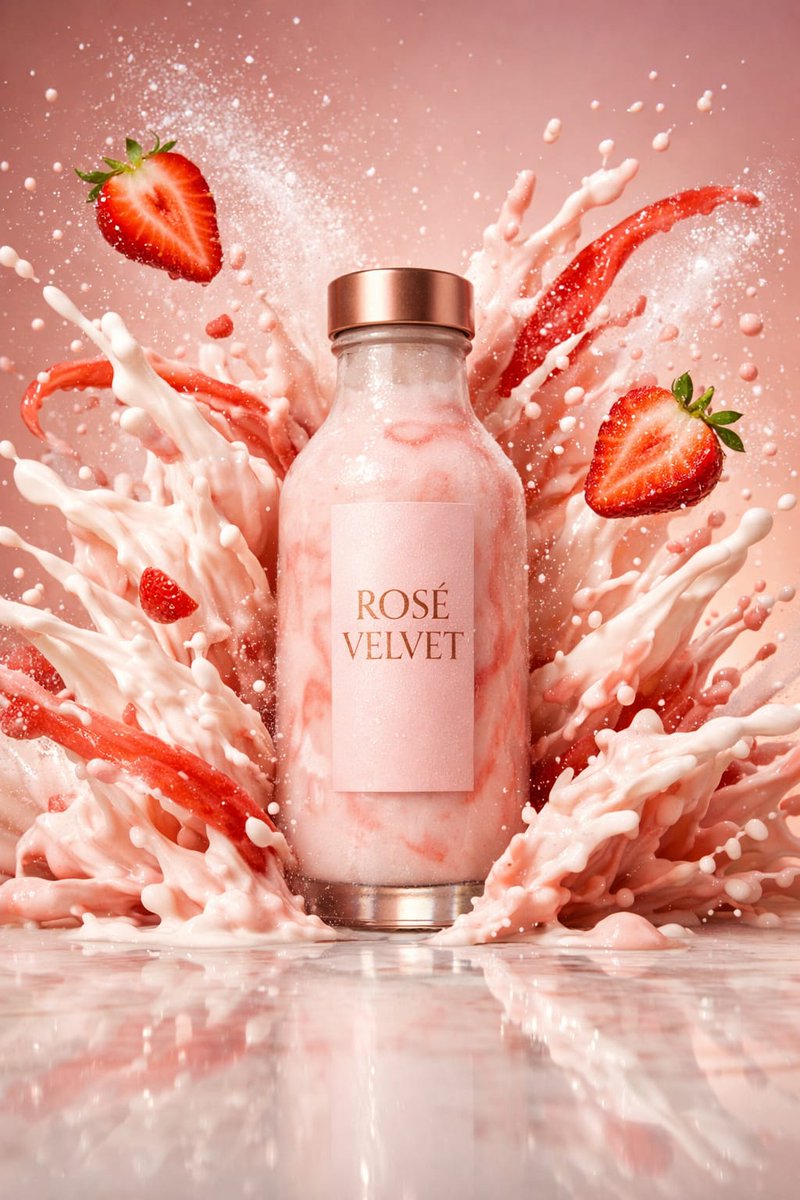 A high-speed luxury shake photograph of a frosted glass bottle filled with pastel pink strawberry shake labeled ROSÉ VELVET.