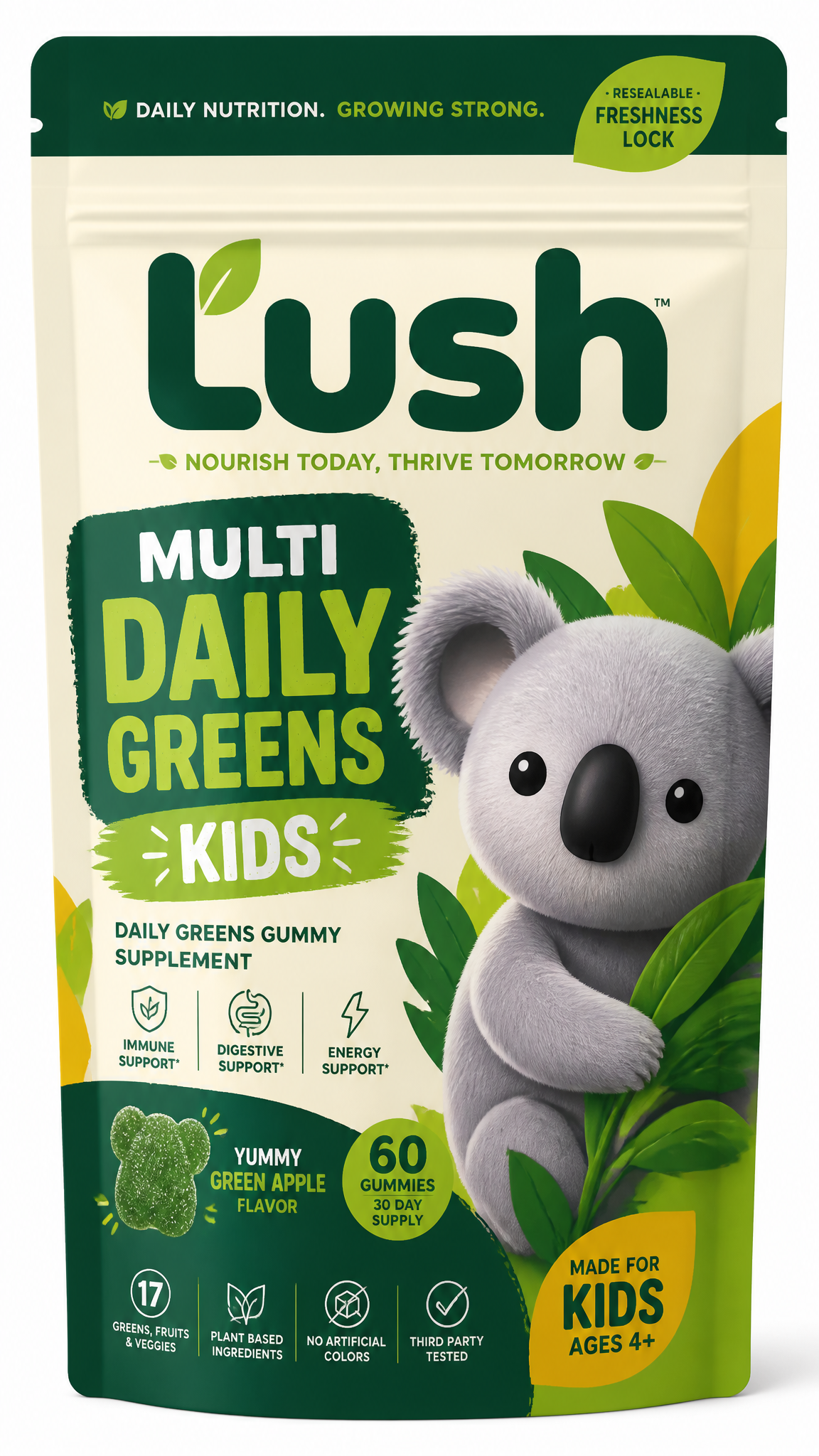 A kids daily greens gummy supplement pouch packaging concept featuring a koala mascot and D2C-ready branding.
