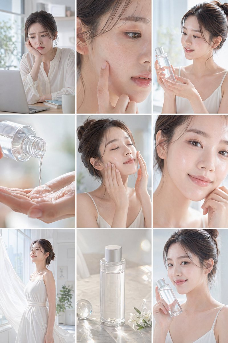 밝은 실내와 자연광, 젊은 여성 모델을 활용한 9패널 스킨케어 커머셜 스토리보드