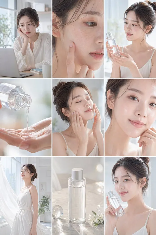 A clean bright nine-panel skincare commercial storyboard with natural light, pastel tones, and a young female model.