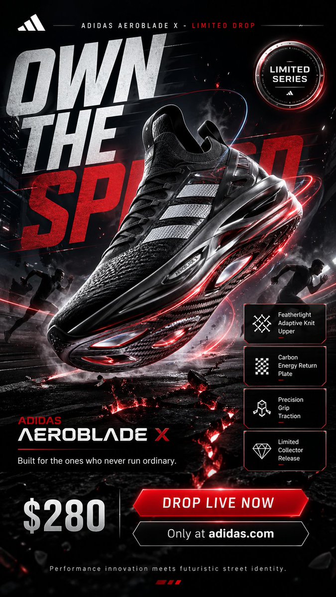 A futuristic premium advertising poster for a fictional Adidas Aeroblade X limited sneaker drop.